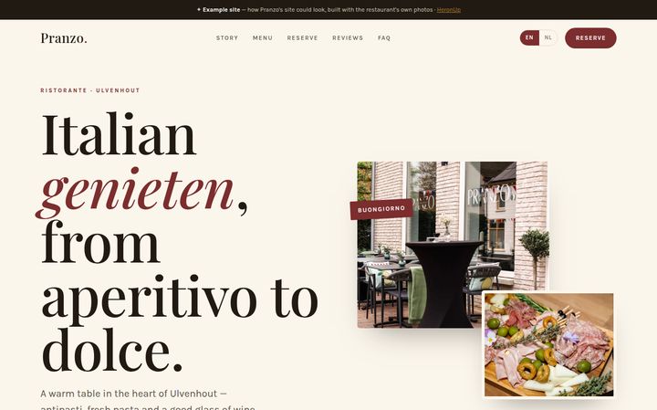 Voorbeeldsite Pranzo — Praktijk-niveau restaurant